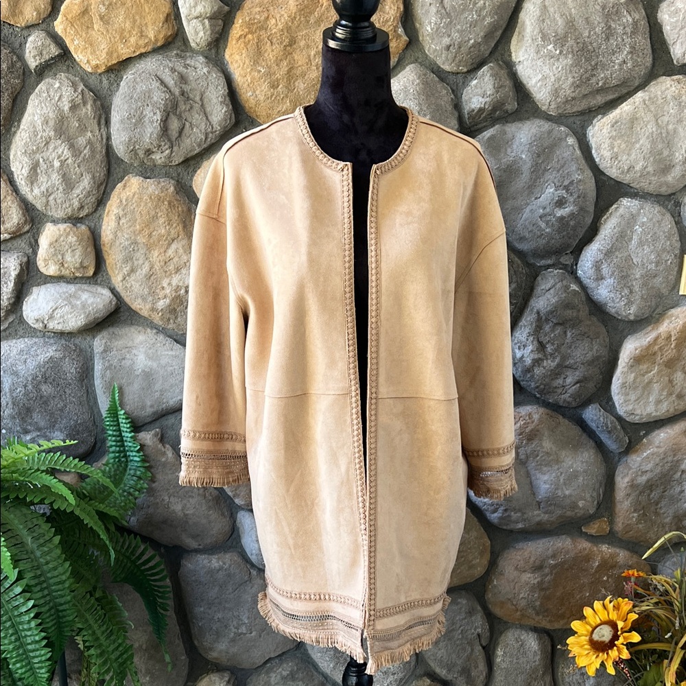 Marc New York Andrew Marc Camel Beige Faux Suede Open Cardigan Coat Jacket